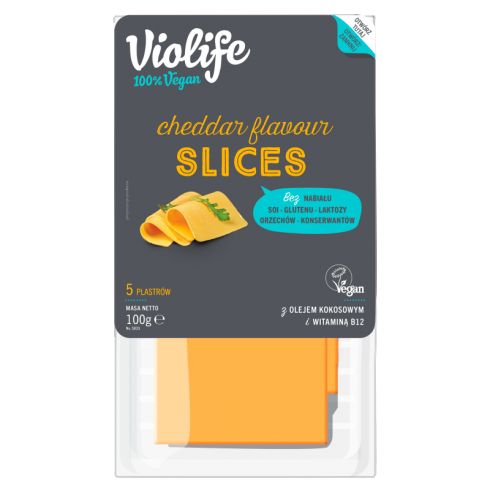 Violife Produkt na bazie oleju kokosowego o smaku cheddar plastry 100 g (5 sztuk)