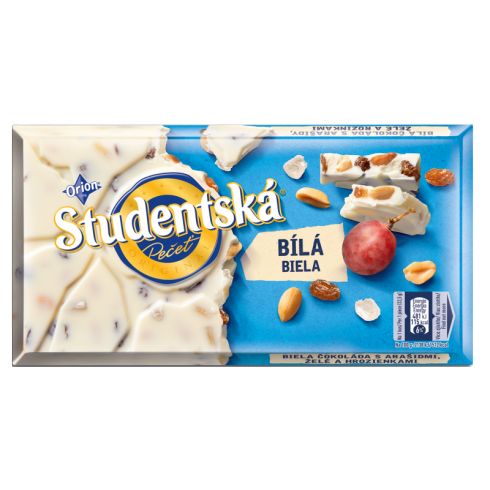 Orion Studentská Czekolada biała z orzechami ziemnymi żelkami i rodzynkami 180 g
