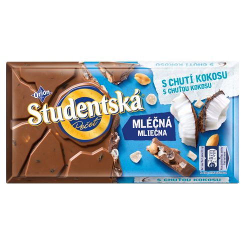 Orion Studentská Czekolada mleczna z orzechami i kawałkami galaretki o smaku kokosowym 180 g
