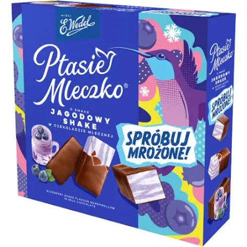 Ptasie mleczko o smaku jagodowy shake w czekoladzie mlecznej 340g E.Wedel