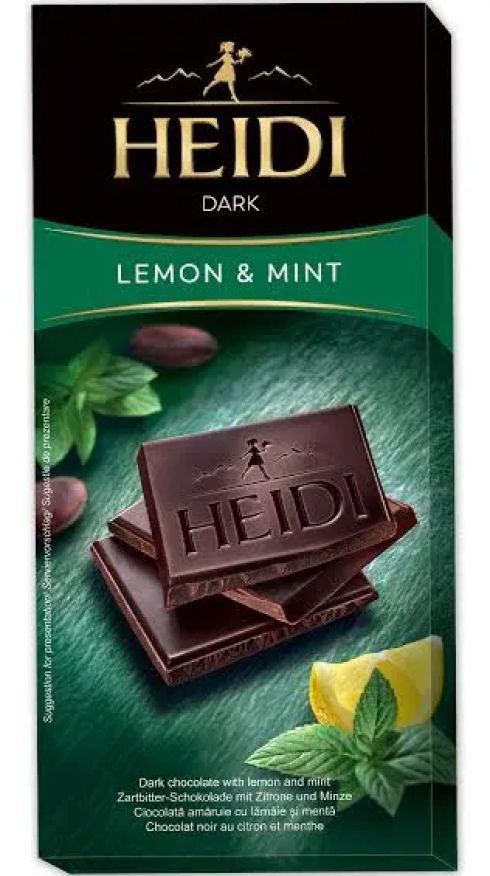 Heidi dark mint&lemon 80g  Gorzka czekolada z orzeźwiającą miętą i cytrynowym akcentem
